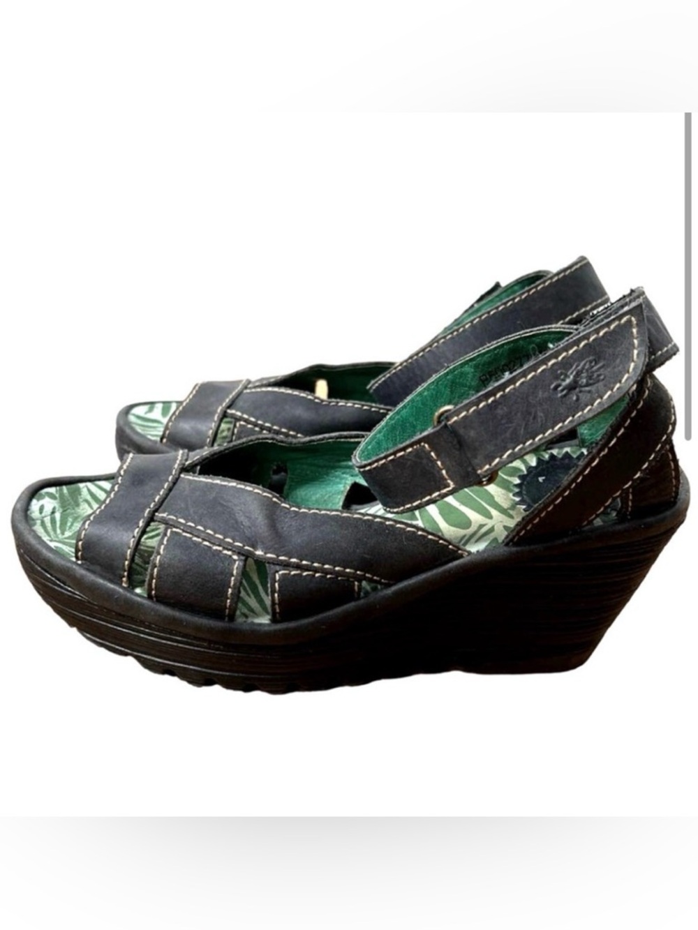 “FLY LONDON - YOSSA” Black Wedge Sandals. Size:37 EUC